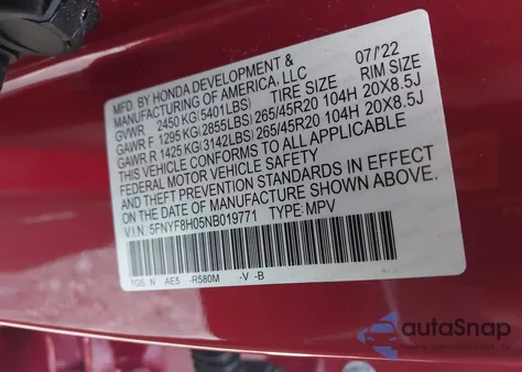 2022 Honda Passport Awd Elite from USA, damaged, VIN 5FNYF8H05NB019771